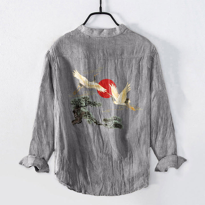 Chemise à manches longues en coton et lin pour homme , Buddha Stones, grue, soleil rouge, pin, demi-boutons - image 2