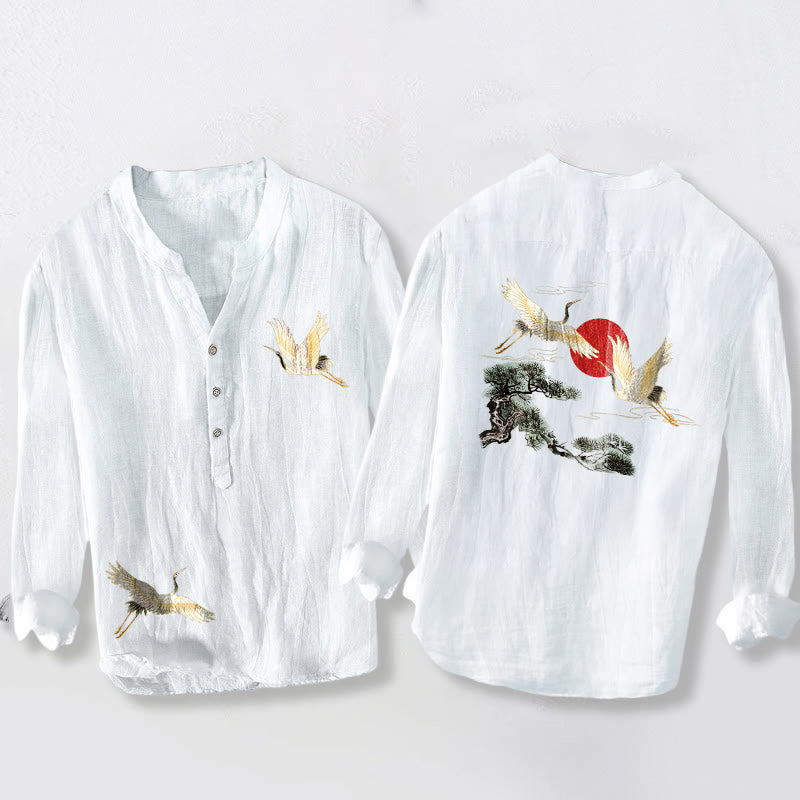 Chemise à manches longues en coton et lin pour homme , Buddha Stones, grue, soleil rouge, pin, demi-boutons - Blanc - États-Unis/Royaume-Uni/AU50, EU60 (5XL) - image 6