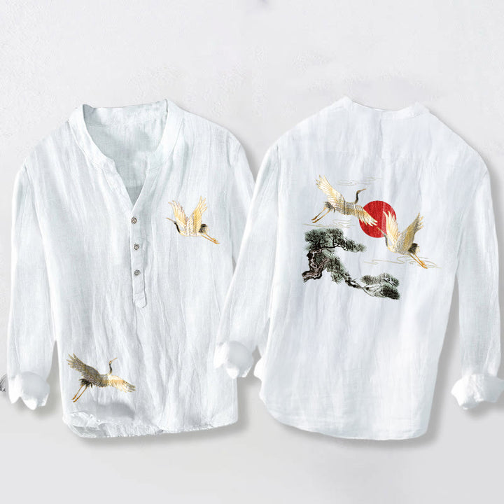 Chemise à manches longues en coton et lin pour homme , Buddha Stones, grue, soleil rouge, pin, demi-boutons - Blanc - États-Unis/Royaume-Uni/AU50, EU60 (5XL) - image 6