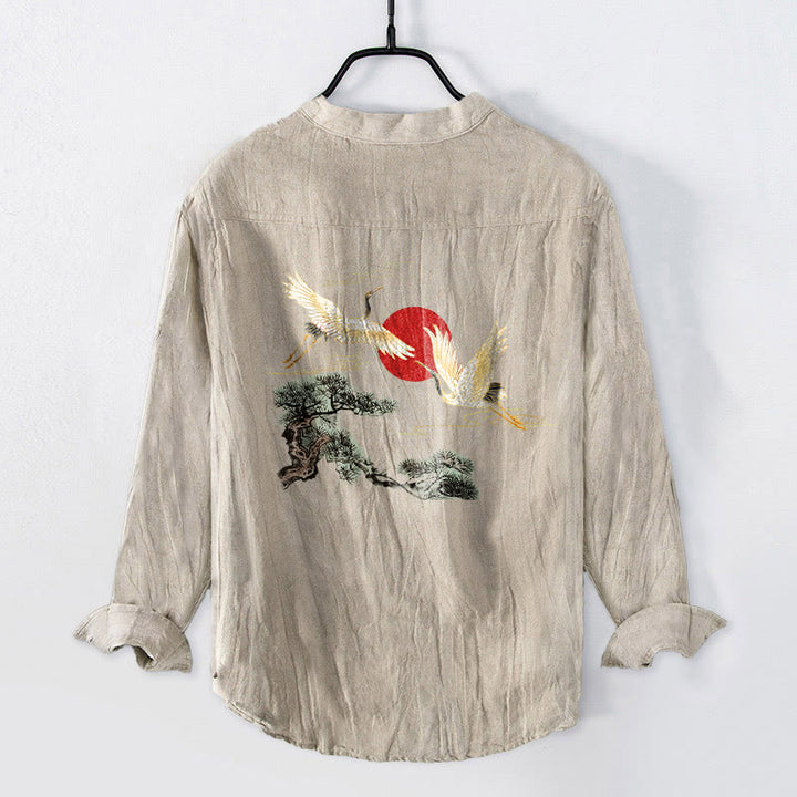 Chemise à manches longues en coton et lin pour homme , Buddha Stones, grue, soleil rouge, pin, demi-boutons - image 5