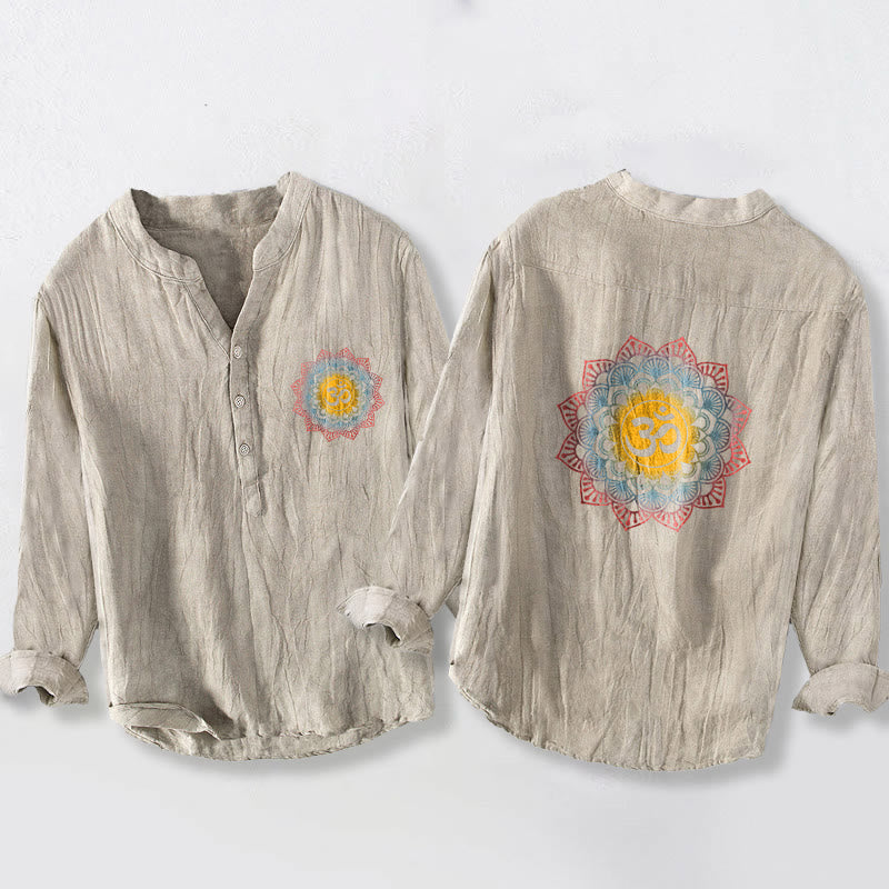 Chemise à manches longues en coton et lin pour homme, motif mandala Om et Buddha Stones , demi-boutons - Lin - États-Unis/Royaume-Uni/AU50, EU60 (5XL) - image 3