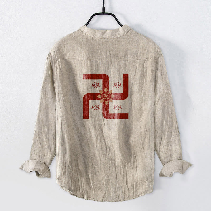 Chemise à manches longues en coton et lin pour homme, motif Buddha Stones, demi-boutons, symbole Lotus Swastika Om - image 2