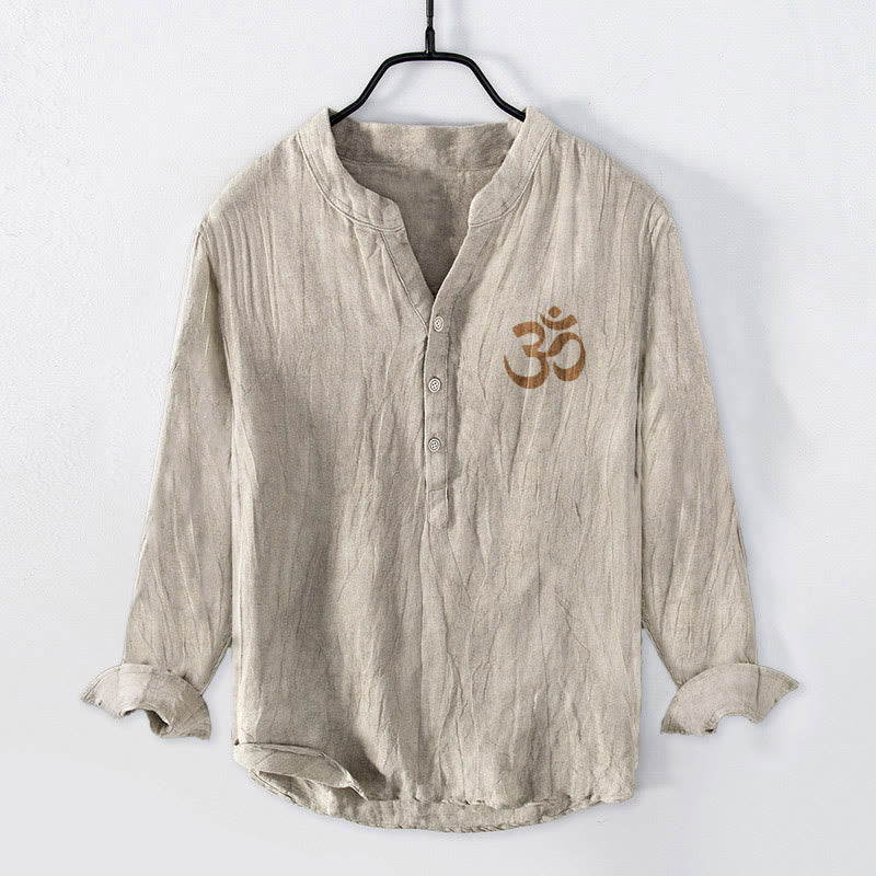 Chemise à manches longues en coton et lin pour homme, motif Buddha Stones, demi-boutons, symbole Lotus Swastika Om - image 1