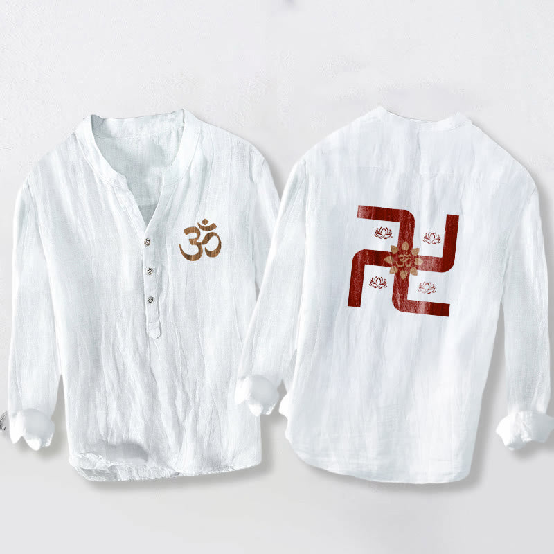 Chemise à manches longues en coton et lin pour homme, motif Buddha Stones, demi-boutons, symbole Lotus Swastika Om - Blanc - États-Unis/Royaume-Uni/AU50, EU60 (5XL) - image 6