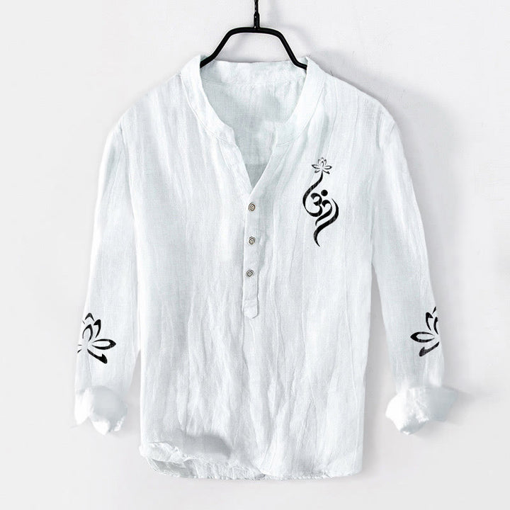 Chemise à manches longues en coton et lin pour homme, motif imprimé Buddha Stones, demi-boutons, symbole Lotus Om - Blanc - États-Unis/Royaume-Uni/AU50, EU60 (5XL) - image 6