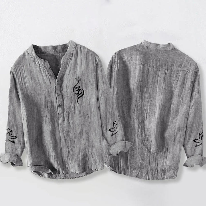 Chemise à manches longues en coton et lin pour homme, motif imprimé Buddha Stones, demi-boutons, symbole Lotus Om - image 2