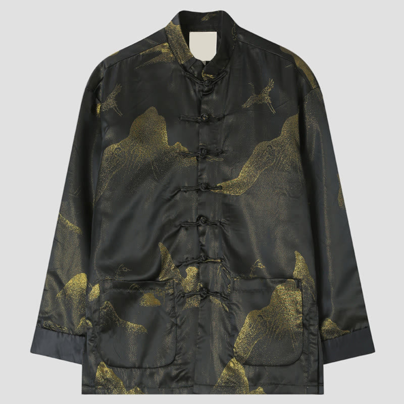 Veste homme à manches longues et poches, motif grue de montagne dorée teintée dans le nuage Buddha Stones - Noir - US/UK/AU44,EU54 (4XL) - image 0