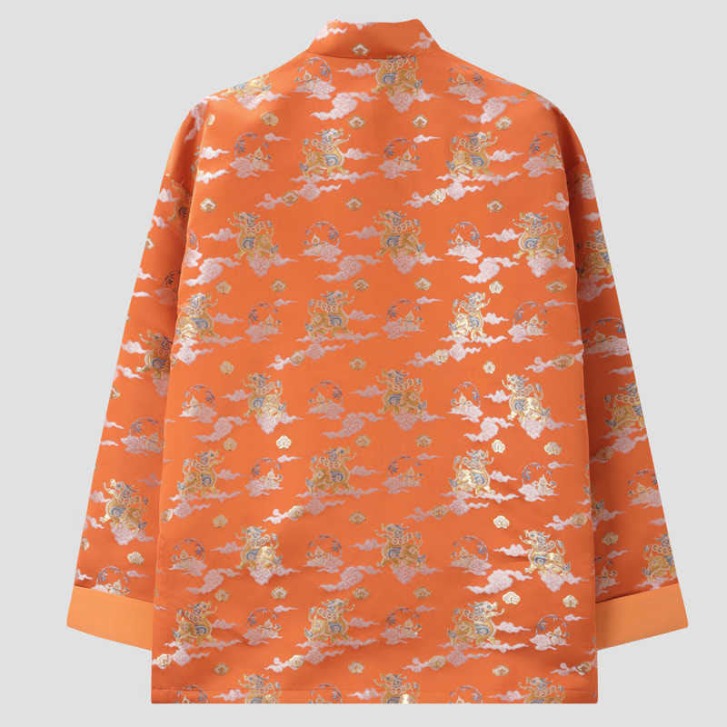 Veste homme à manches longues et boutons grenouille avec poches, Buddha Stones, orange, Kirin, nuages de bon augure - image 1
