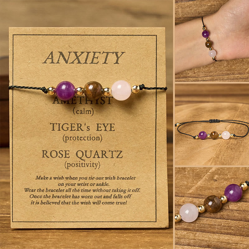 Bracelet en corde avec Buddha Stones, améthyste, œil de tigre, quartz rose, protection anti-anxiété - Perles rondes (tour de poignet : 14-23 cm) - image 10