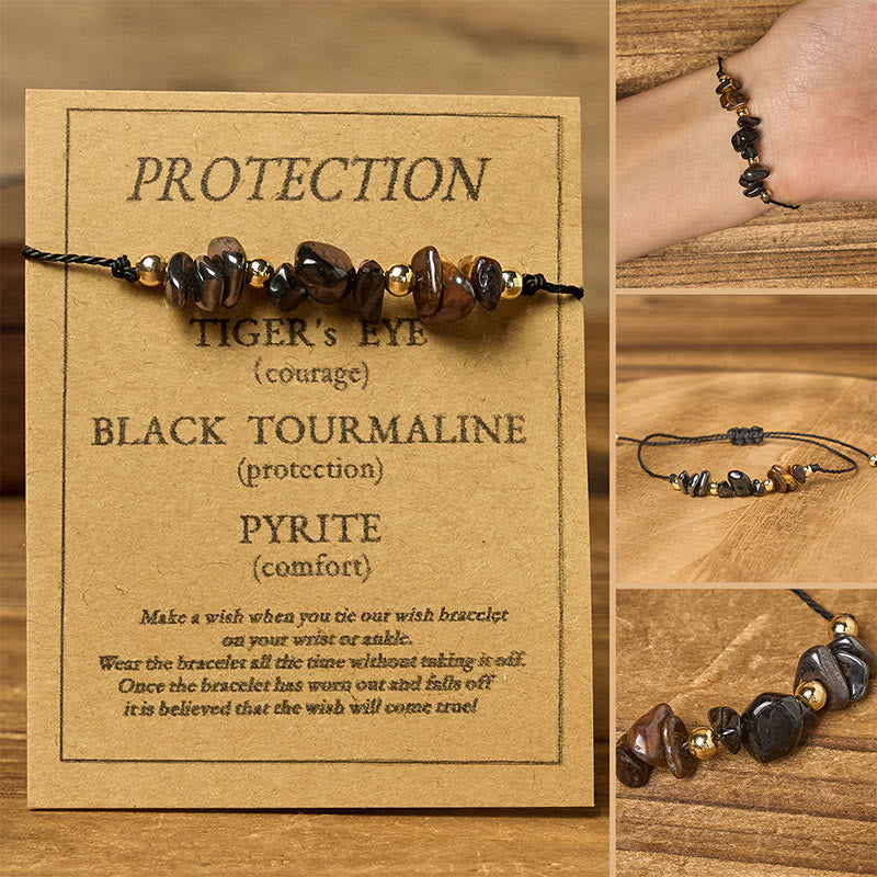 Bracelet de protection en corde avec Buddha Stones, œil de tigre, tourmaline noire et pyrite - Perles irrégulières (tour de poignet : 14-23 cm) - image 0