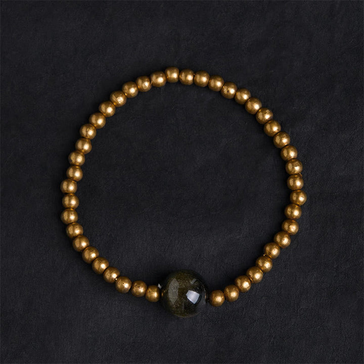 Bracelet de protection et de richesse en obsidienne plaqué cuivre et laiton doré avec Buddha Stones - image 1