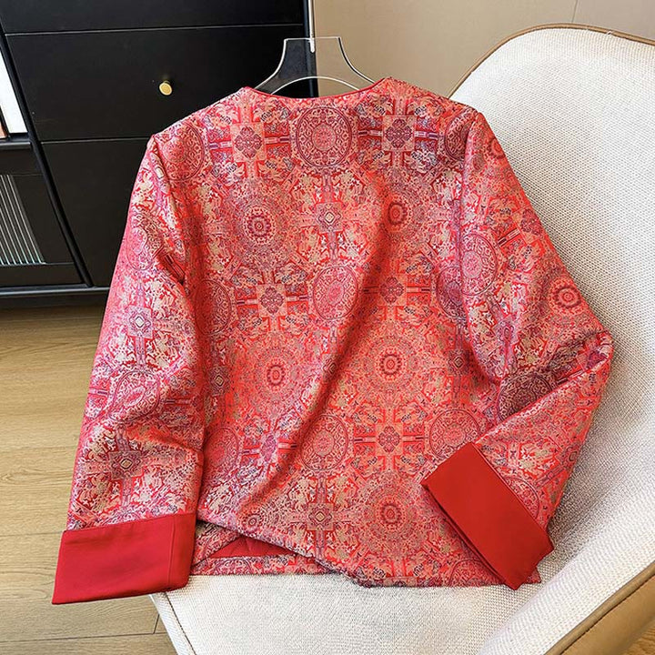 Veste en coton à manches longues et poches pour femme Buddha Stones, motif floral symétrique en jacquard - image 2