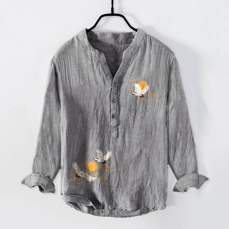 Chemise à manches longues pour homme en coton et lin, motif grue et soleil doré, avec demi-boutons et Buddha Stones - Gris - US/UK/AU50,EU60 (5XL) - image 0