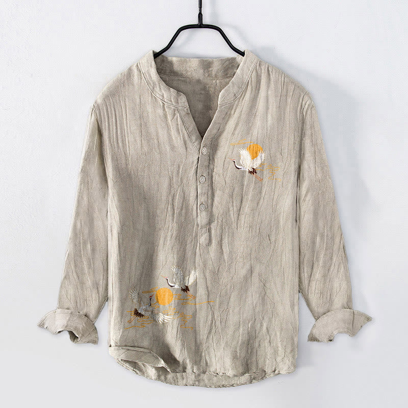 Chemise à manches longues pour homme en coton et lin, motif grue et soleil doré, avec demi-boutons et Buddha Stones - Lin - US/UK/AU50,EU60 (5XL) - image 6
