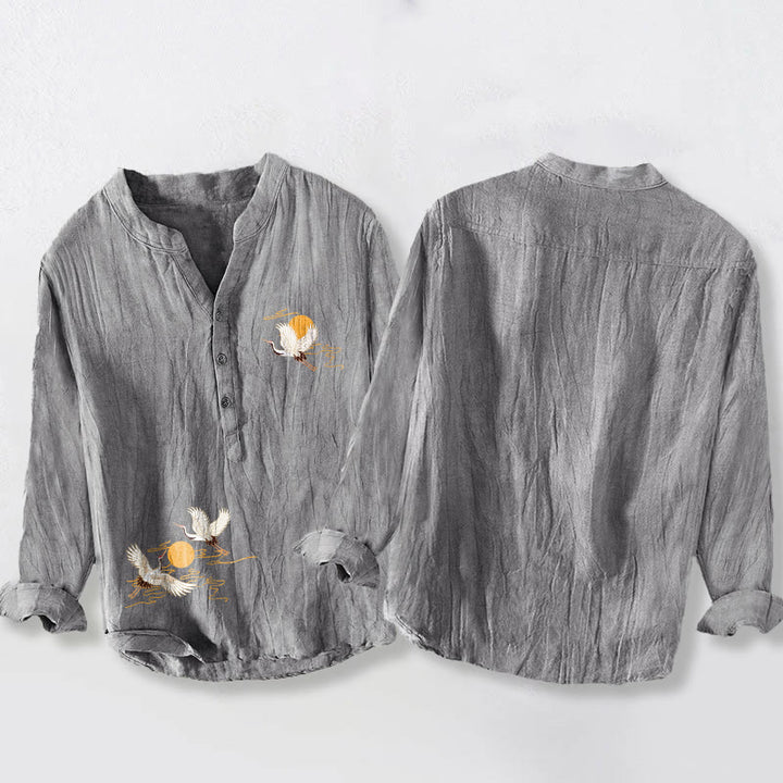 Chemise à manches longues pour homme en coton et lin, motif grue et soleil doré, avec demi-boutons et Buddha Stones - image 2