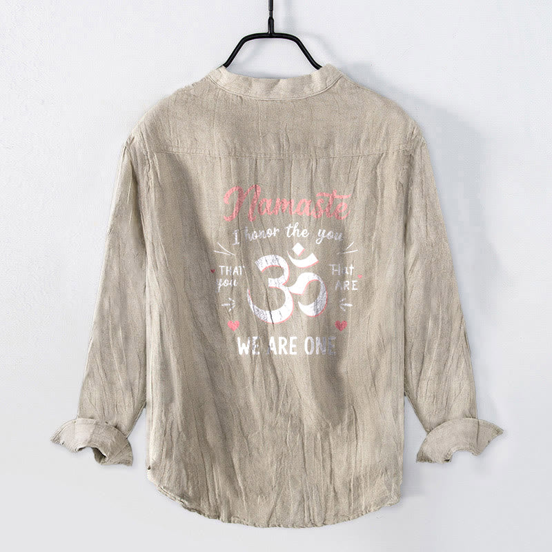 Chemise à manches longues pour homme en coton et lin, motif Om, avec demi-boutons et inscription « Namaste, je vous honore », en Buddha Stones . - image 5