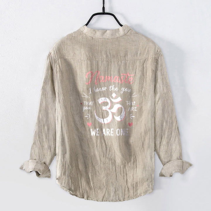 Chemise à manches longues pour homme en coton et lin, motif Om, avec demi-boutons et inscription « Namaste, je vous honore », en Buddha Stones . - image 5