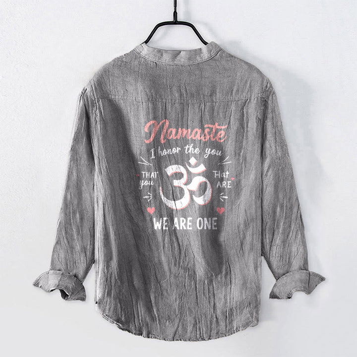 Chemise à manches longues pour homme en coton et lin, motif Om, avec demi-boutons et inscription « Namaste, je vous honore », en Buddha Stones . - image 8
