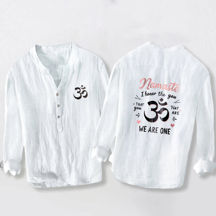 Chemise à manches longues pour homme en coton et lin, motif Om, avec demi-boutons et inscription « Namaste, je vous honore », en Buddha Stones . - Blanc - US/UK/AU50,EU60 (5XL) - image 0