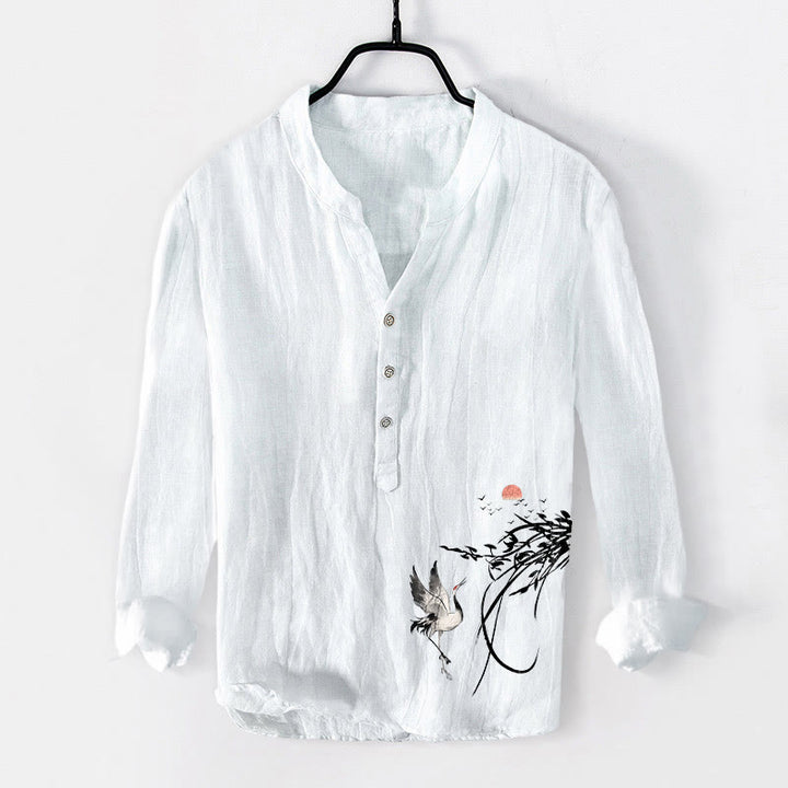 Chemise à manches longues pour homme en coton et lin , Buddha Stones, soleil levant et branches de grue, demi-boutons - Blanc - US/UK/AU50,EU60 (5XL) - image 6