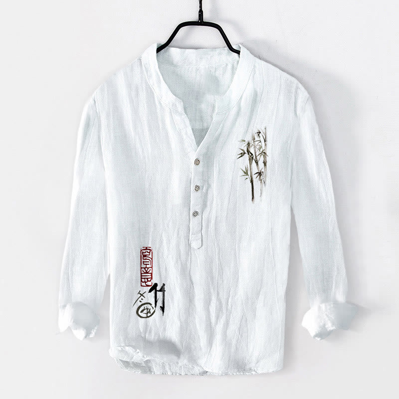 Chemise à manches longues pour homme en coton et lin, motif feuilles de bambou et sceau rouge, avec demi-boutons et Buddha Stones - Blanc - US/UK/AU50,EU60 (5XL) - image 6