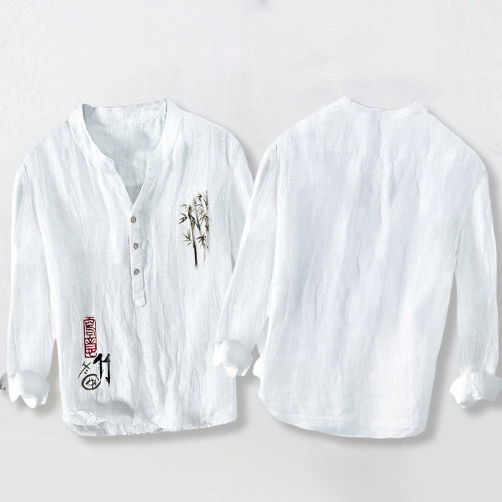 Chemise à manches longues pour homme en coton et lin, motif feuilles de bambou et sceau rouge, avec demi-boutons et Buddha Stones - image 8