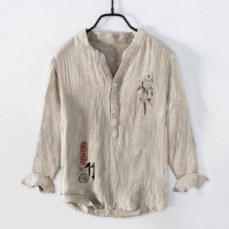 Chemise à manches longues pour homme en coton et lin, motif feuilles de bambou et sceau rouge, avec demi-boutons et Buddha Stones - Lin - US/UK/AU50,EU60 (5XL) - image 0