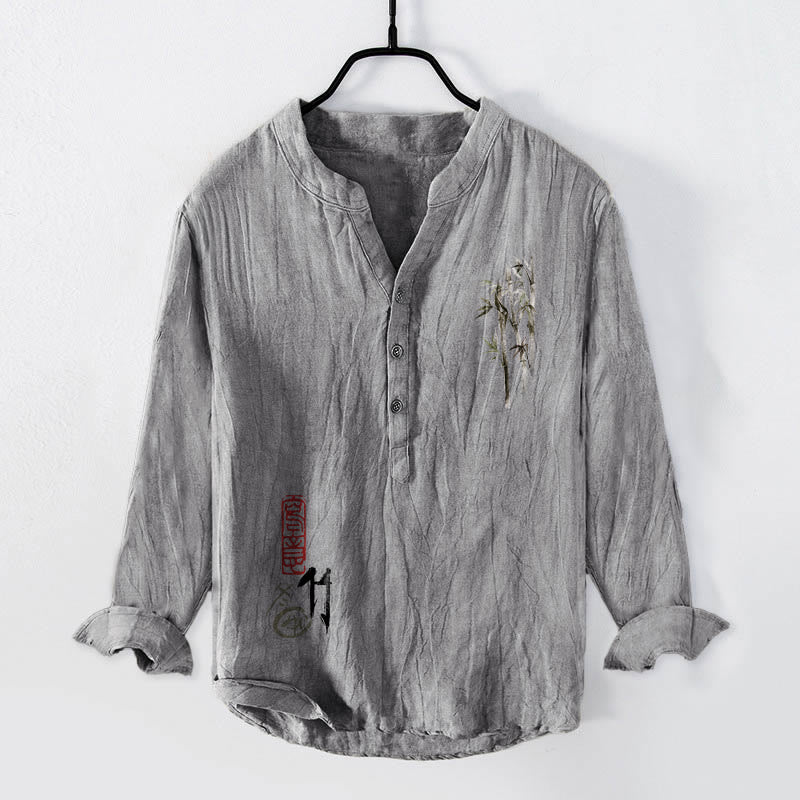 Chemise à manches longues pour homme en coton et lin, motif feuilles de bambou et sceau rouge, avec demi-boutons et Buddha Stones - Gris - US/UK/AU50,EU60 (5XL) - image 3