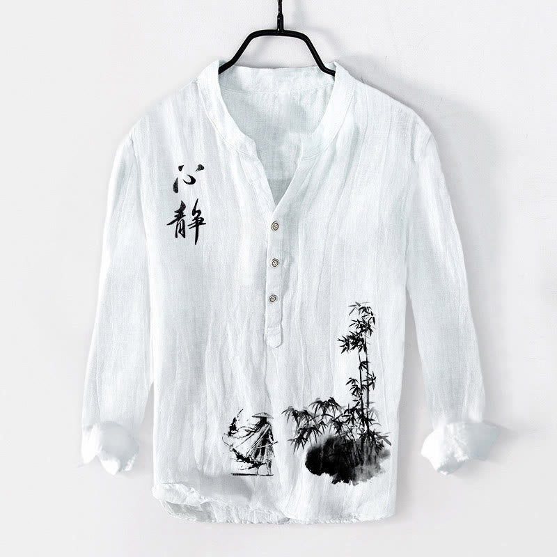 Chemise à manches longues en coton et lin pour homme, motif épéiste chinois, Buddha Stones et bambou, demi-boutons - Blanc - US/UK/AU50,EU60 (5XL) - image 6