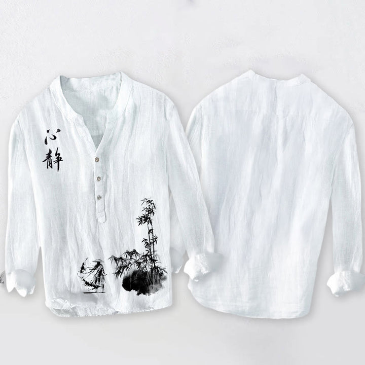 Chemise à manches longues en coton et lin pour homme, motif épéiste chinois, Buddha Stones et bambou, demi-boutons - image 8