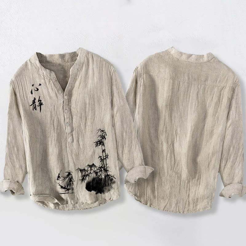 Chemise à manches longues en coton et lin pour homme, motif épéiste chinois, Buddha Stones et bambou, demi-boutons - image 2