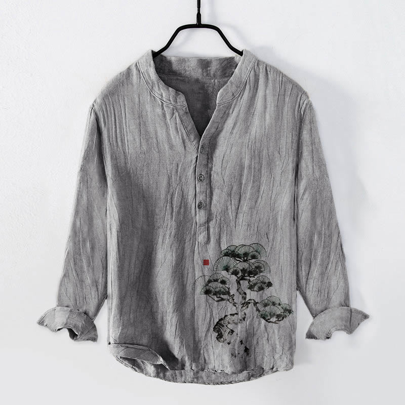 Chemise à manches longues pour homme en coton et lin, motif de pins et Buddha Stones - Gris - US/UK/AU50,EU60 (5XL) - image 3