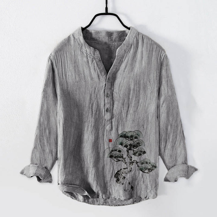 Chemise à manches longues pour homme en coton et lin, motif de pins et Buddha Stones - Gris - US/UK/AU50,EU60 (5XL) - image 3