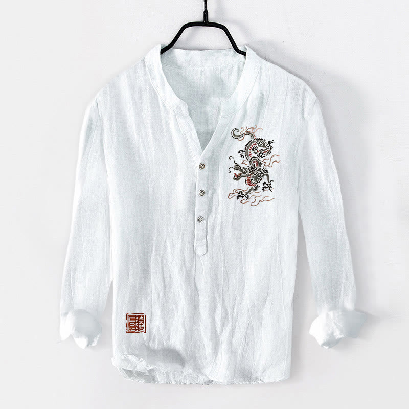 Chemise à manches longues pour homme en coton et lin, motif de Buddha Stones, avec demi-boutons et ornements de sceaux chinois. - Blanc - US/UK/AU50,EU60 (5XL) - image 6