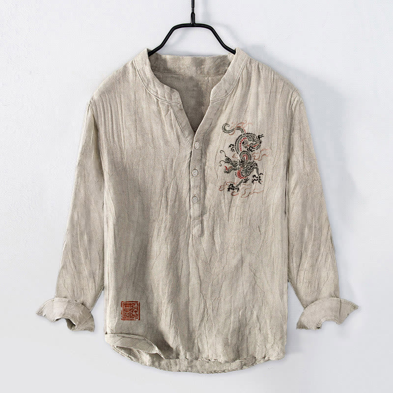 Chemise à manches longues pour homme en coton et lin, motif de Buddha Stones, avec demi-boutons et ornements de sceaux chinois. - Lin - US/UK/AU50,EU60 (5XL) - image 0