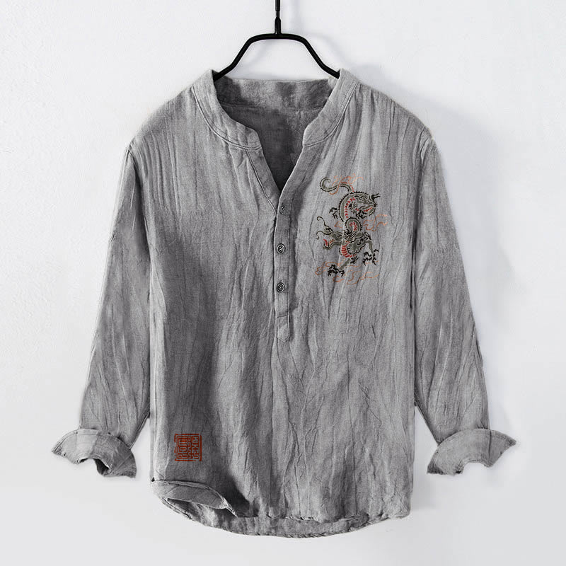 Chemise à manches longues pour homme en coton et lin, motif de Buddha Stones, avec demi-boutons et ornements de sceaux chinois. - Gris - US/UK/AU50,EU60 (5XL) - image 3