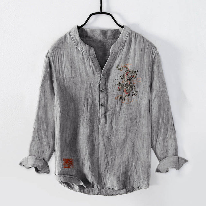 Chemise à manches longues pour homme en coton et lin, motif de Buddha Stones, avec demi-boutons et ornements de sceaux chinois. - Gris - US/UK/AU50,EU60 (5XL) - image 3