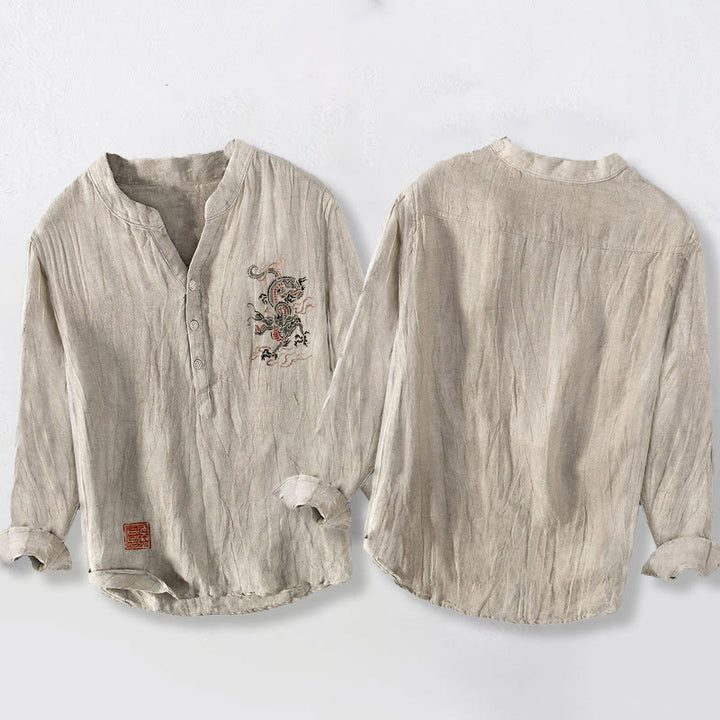 Chemise à manches longues pour homme en coton et lin, motif de Buddha Stones, avec demi-boutons et ornements de sceaux chinois. - image 2
