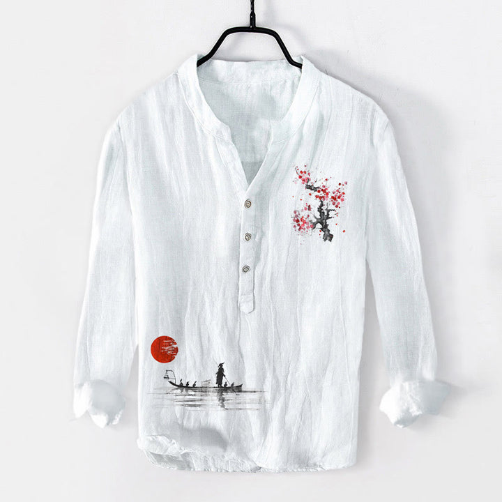 Chemise à manches longues pour homme en coton et lin, motif pêcheur, fleurs de prunier et soleil , Buddha Stones - Blanc - US/UK/AU50,EU60 (5XL) - image 6
