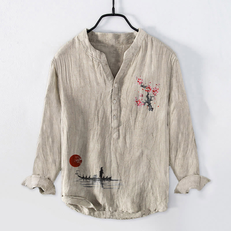 Chemise à manches longues pour homme en coton et lin, motif pêcheur, fleurs de prunier et soleil , Buddha Stones - Lin - US/UK/AU50,EU60 (5XL) - image 0
