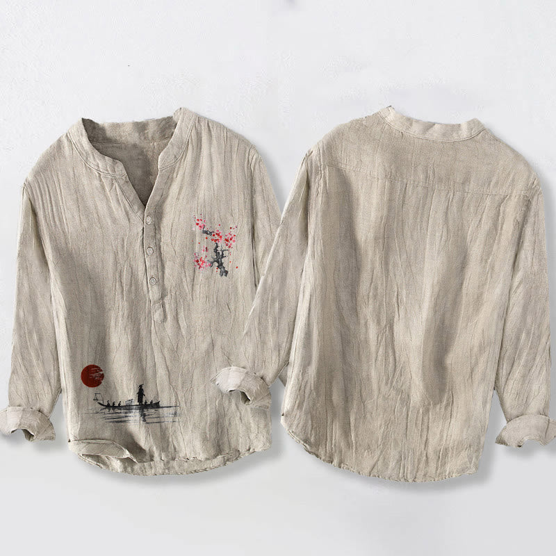 Chemise à manches longues pour homme en coton et lin, motif pêcheur, fleurs de prunier et soleil , Buddha Stones - image 2