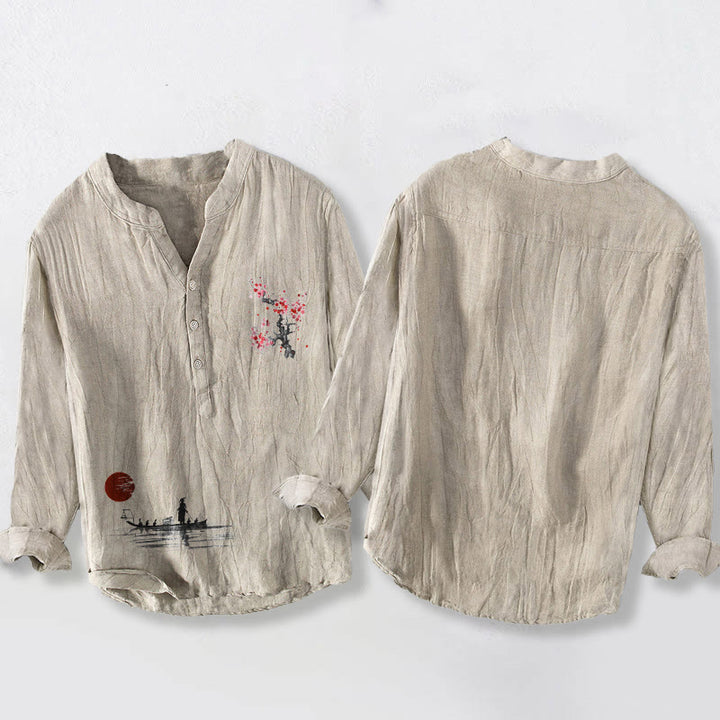 Chemise à manches longues pour homme en coton et lin, motif pêcheur, fleurs de prunier et soleil , Buddha Stones - image 2