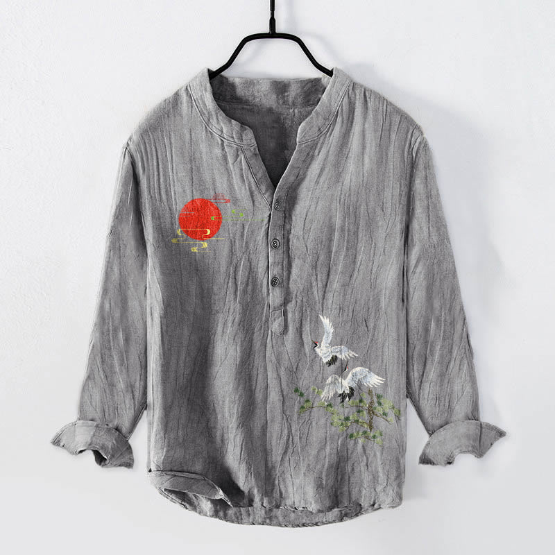 Chemise à manches longues pour homme en coton et lin, motif de Buddha Stones , de grue solaire et de branches de pin, à demi-boutons - Gris - US/UK/AU50,EU60 (5XL) - image 0