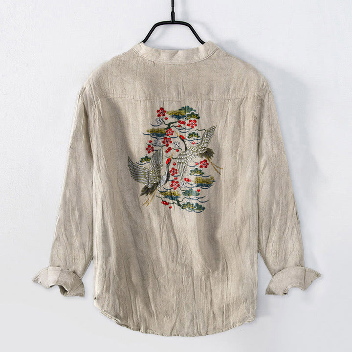 Chemise à manches longues pour homme en coton et lin, à demi-boutons, motif de Buddha Stones, grues, pins et fleurs - image 5