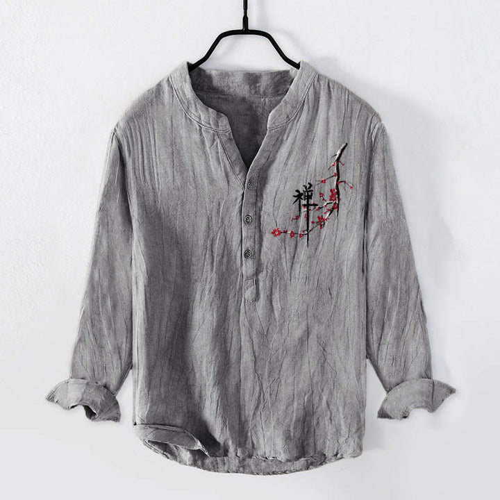 Chemise à manches longues pour homme en coton et lin, motif zen, Buddha Stones et fleurs de pêcher rouges - Gris - US/UK/AU50,EU60 (5XL) - image 3