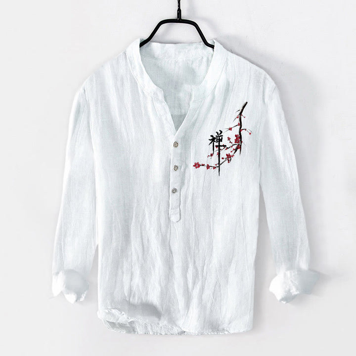 Chemise à manches longues pour homme en coton et lin, motif zen, Buddha Stones et fleurs de pêcher rouges - Blanc - US/UK/AU50,EU60 (5XL) - image 6