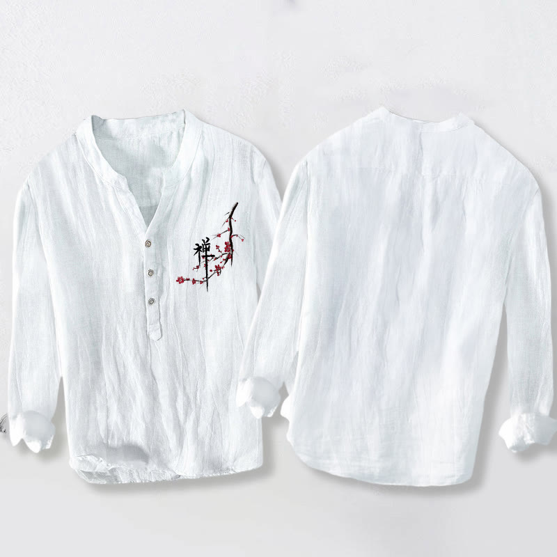 Chemise à manches longues pour homme en coton et lin, motif zen, Buddha Stones et fleurs de pêcher rouges - image 8