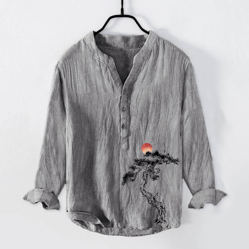 Chemise à manches longues pour homme en coton et lin, motif de Buddha Stones, de pin et de soleil rouge, à demi-boutons - Gris - US/UK/AU50,EU60 (5XL) - image 3