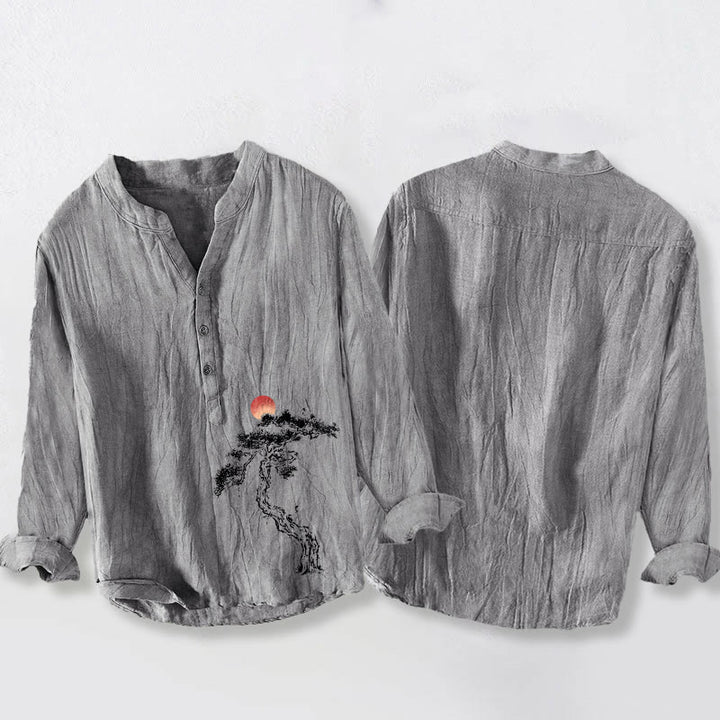 Chemise à manches longues pour homme en coton et lin, motif de Buddha Stones, de pin et de soleil rouge, à demi-boutons - image 5