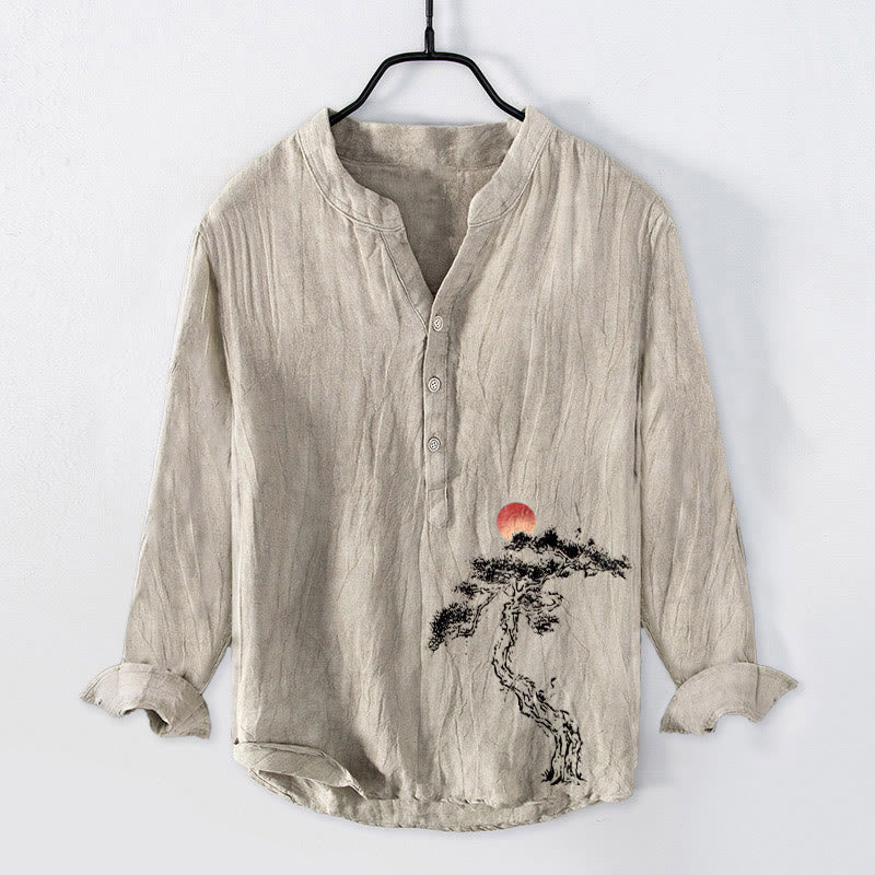 Chemise à manches longues pour homme en coton et lin, motif de Buddha Stones, de pin et de soleil rouge, à demi-boutons - Lin - US/UK/AU50,EU60 (5XL) - image 0